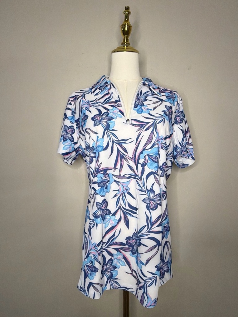 White Floral Zip-Front top with Blue & Purple Blossoms